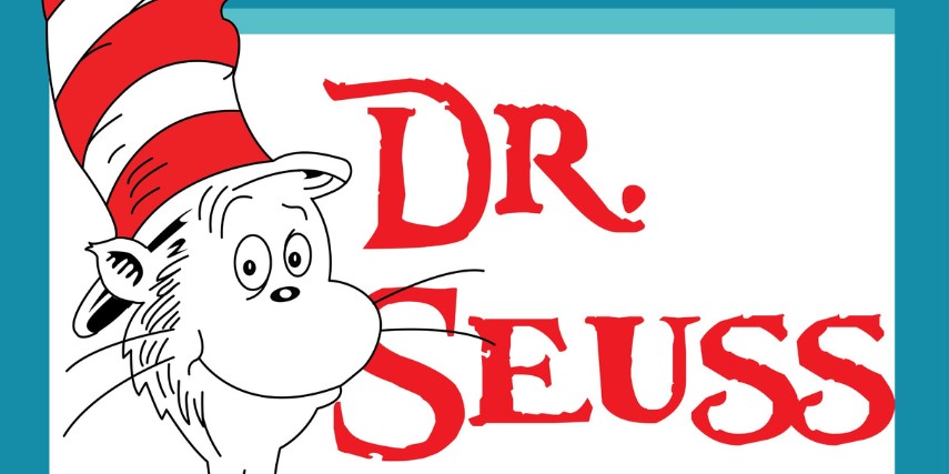 Image of The Cat in the Hat with the words "Dr. Seuss" written in red with a blue border around the image and wording.