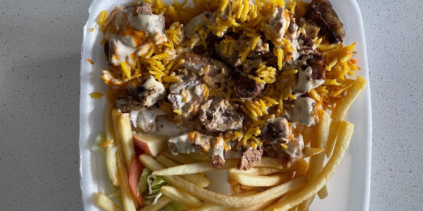 Close-up of Mediterranean food available at Mido's food truck.