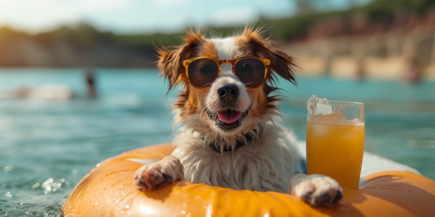 A dog wearing sunglasses sits in a yellow floatie with an iced tea.