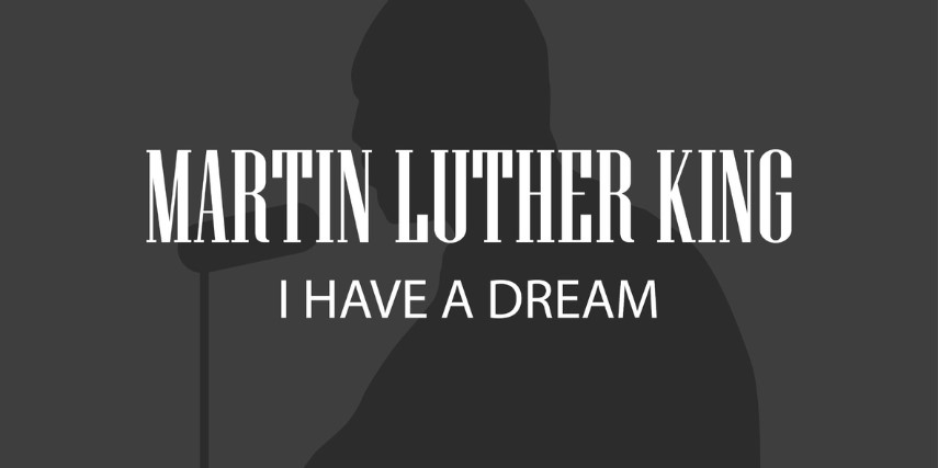 Martin Luther King, Jr. is seen in profile in the background while "Martin Luther King: I Have a Dream" is written in white across the image.