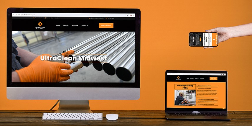 A desktop, laptop and phone screen are all displayed against an orange backdrop.