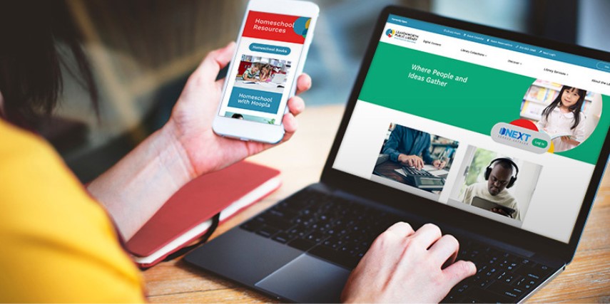 Close-up of the mobile app and website of Leavenworth Public Library.