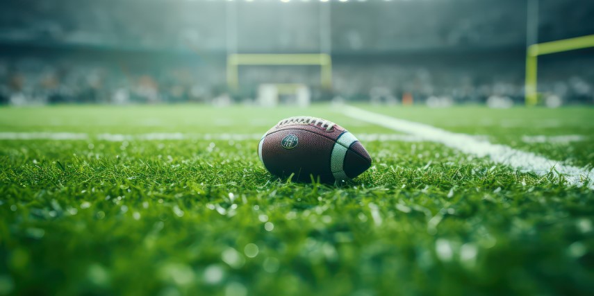 A football lays on the turf of a football stadium.