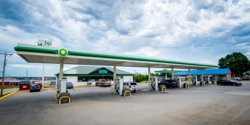A row of fueling pumps at Fastgas in St. Joseph, Missouri.