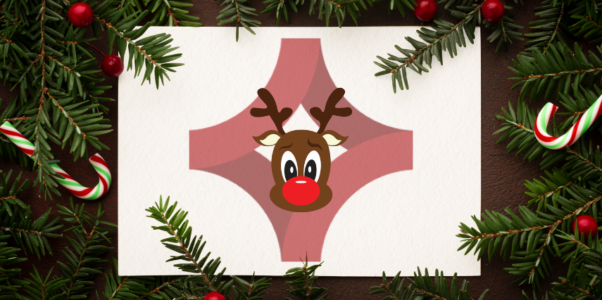 A border of greenery and candy canes surrounds a red-nosed reindeer inside the SJC logo.